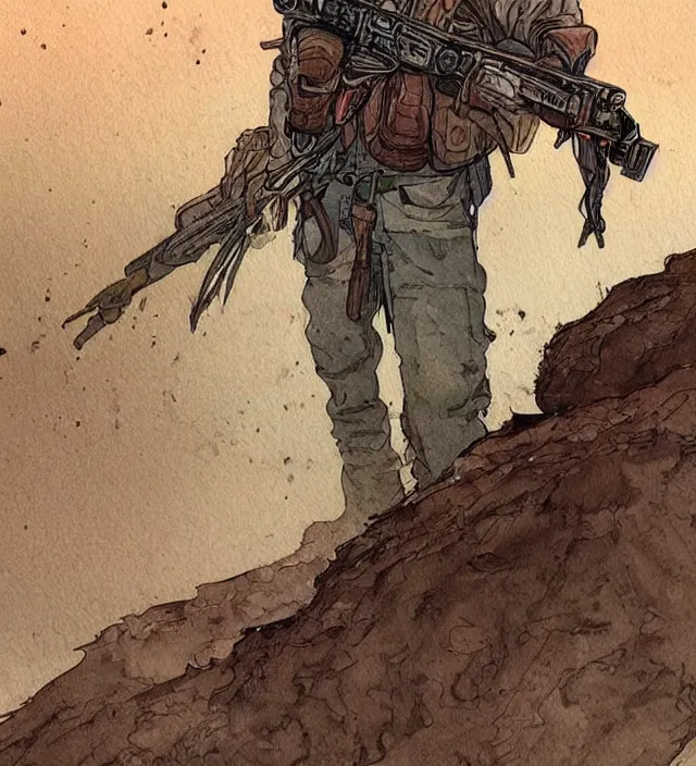 Image similar to a watercolor ink painting of an post - apocalyptic elven sniper in the style of jean giraud in the style of moebius trending on artstation deviantart pinterest detailed realistic hd 8 k high resolution