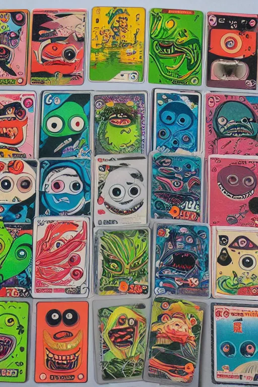 Prompt: collectible cards with colourful creepy umibozu monsters, 1980s