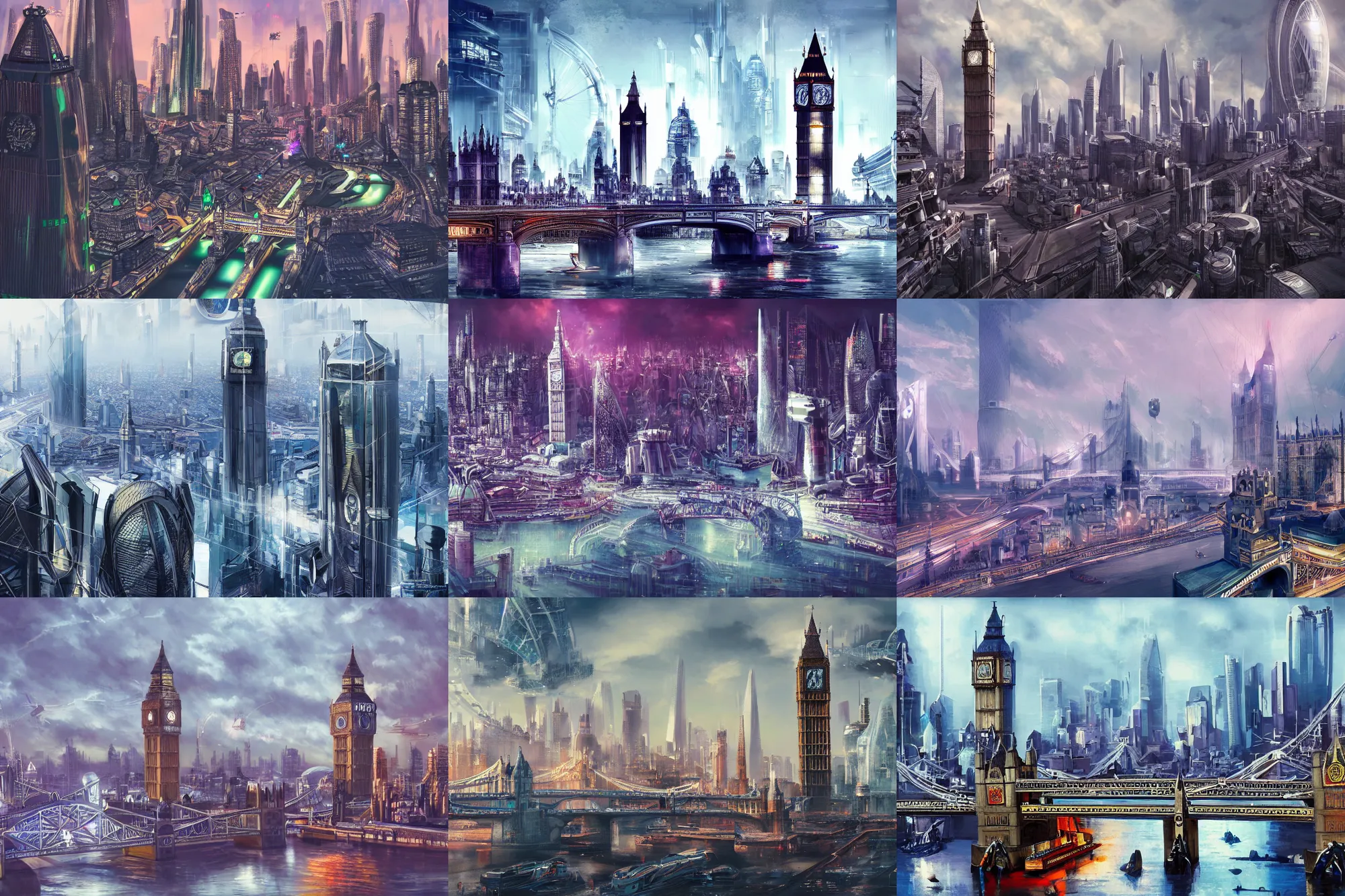 Prompt: futuristic cityscape, mega city, cyberpunk, London, Big Ben, Tower Bridge, Thames River, ultrahigh detail, trending on artstation