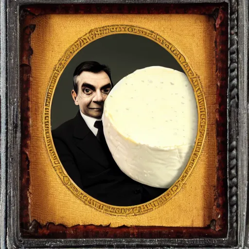 Prompt: ambrotype of mr bean eating a large wheel of cheese,