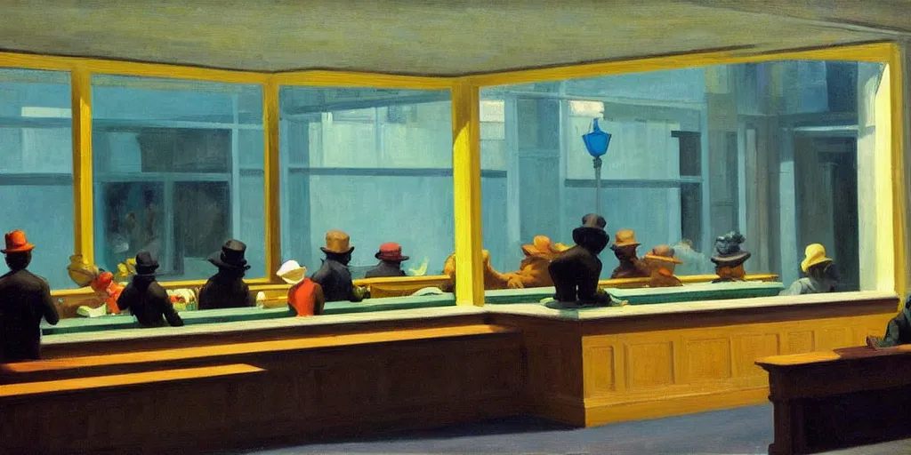 Prompt: painting, view from inside edward hopper's painting nighthawks, of a group of werebears robbing a bank