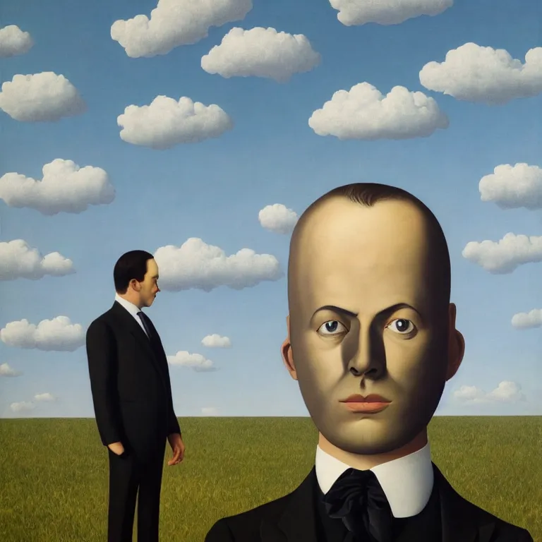 Image similar to portrait of a faceless reflective chrome - head man in a suit and black gloves, clouds and nature landscape in the background, by rene magritte, detailed painting, distance, centered, hd, hq, high resolution, high detail, 4 k, 8 k