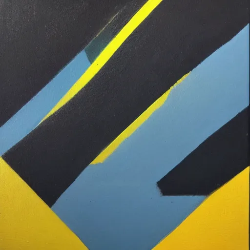 Image similar to painting of rectangle, triangle shapes ( blue, yellow, green ) divided by black lines