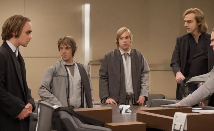 Image similar to anakin skywalker played by hayden christensen wearing jedi robes is talking to lawyers saul goodman played by bob odenkirk wearing a suit and kik wexler played by rhea seehorn in court, better call saul court scene 1 0 8 0 p, jimmy mcgill in court, court session images, realistic faces