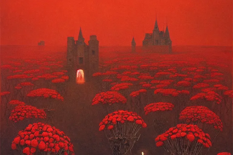 Image similar to only with red, red flowers of different types, a red tiger, a castle in the background, medieval demons dance over the flowers, an ancient path, in the style of beksinski, part by hopper, part by rodcenko, part by hofbauer, intricate composition, red by caravaggio, insanely quality, highly detailed, masterpiece, red light, artstation