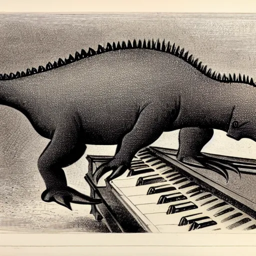 Image similar to antique lithograph from 1 9 0 0 of red stegosaurus, playing a piano