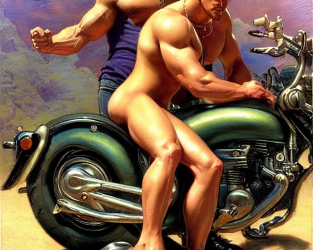 Image similar to handsome tattooed blonde gym bro next to a motorcycle, cool colors, hard angles, painting by gaston bussiere, craig mullins, j. c. leyendecker, tom of finland