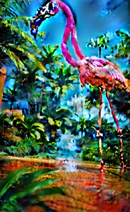 Image similar to unreal engine 5 8 k uhd render of an flamingocore tropicalwave junglepunk abstrafractalmancer, photorealistic, animal photography, photo safari, fashion shoot, lush tropical surroundings, volumetric lighting, sunlight, 1 0 5 mm lens