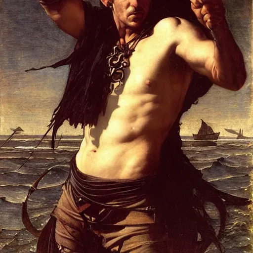 Prompt: trent reznor as a pirate king, god of the ocean by edgar maxence and caravaggio and michael whelan and delacroix