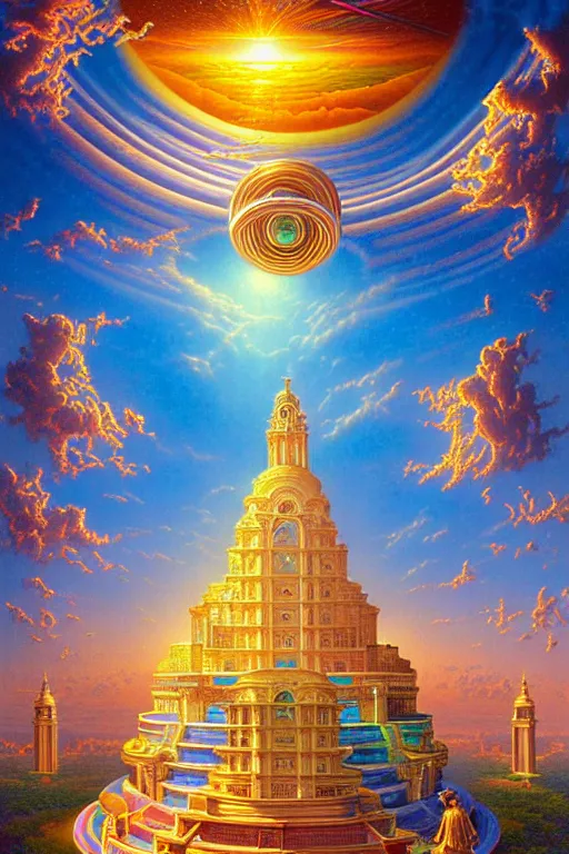 Prompt: a photorealistic detailed cinematic image of a beautiful vibrant iridescent future for human evolution, spiritual science, divinity, utopian, ornate spiral staircase cumulus clouds, ornate architecture, isometric, by david a. hardy, kinkade, lisa frank, wpa, public works mural, socialist