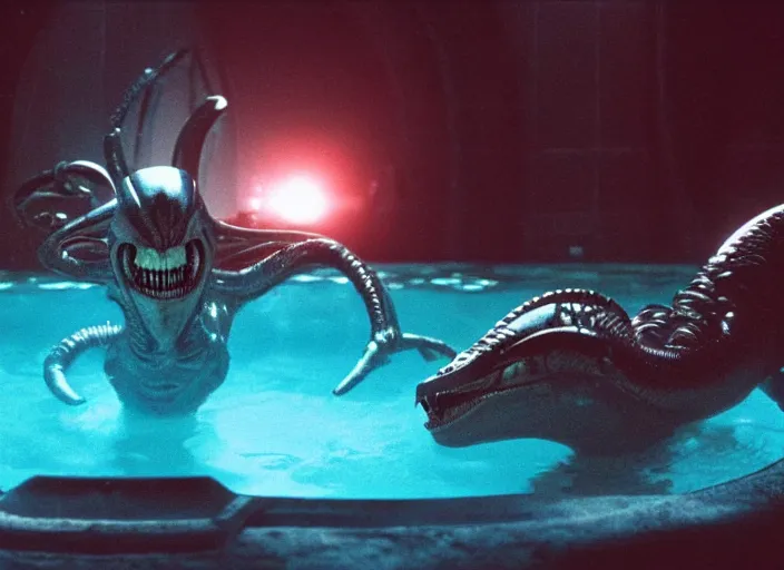 Image similar to film still of xenomorph swimming in a pool at night in the new alien movie, 4 k