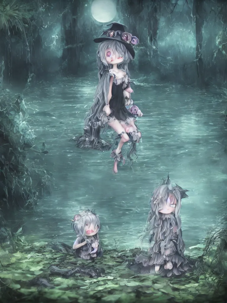 Image similar to cute fumo plush of a frail cursed witch girl wandering the depths of the forbidden jungle, gothic wraith maiden, wispy smoke and volumetric fog on the reflective surface of a pond, delapidated ruins, filmic, symmetric beauty, moonlight midnight glow, vignette, vray