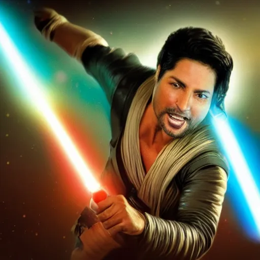 Image similar to Chayanne the singer as a jedi in star wars, holding a lightsabre. splash art, cinematic lighting, dramatic, octane render, long lens, shallow depth of field, bokeh, anamorphic lens flare, 8k, hyper detailed, 35mm film grain