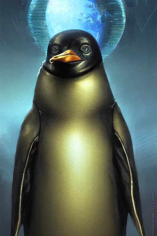 Image similar to A solarpunk very highly detailed Anthropomorphic cybertronic penguin with very highly detailed face on the street of a very highly detailed solarpunk sci-fi city digital rational painting art by Greg Rutkowski, sci-fi highly detailed, digital concept art, Dimensional cyan gold natural light, sharp focus, Golden Ratio illustration, realistic concept art by Stephen Hickman and James Gurney and Hiromasa Ogura Ghost in the Shell rendered in VRAY, From the distance