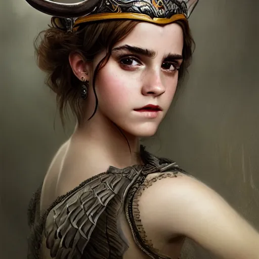 Image similar to A masterpiece ultrarealistic ultradetailed portrait of a Incredibly beautiful Emma Watson as angel princess with Royal Tevton Knight Skull Full Iron Closed Helmet with Big Iron Bull Horns . baroque renaissance girl in the night forest. medium shot, intricate, elegant, highly detailed. trending on artstation, digital art, by Stanley Artgerm Lau, WLOP, Rossdraws, James Jean, Andrei Riabovitchev, Marc Simonetti, Yoshitaka Amano. background by James Jean and Gustav Klimt, light by Julie Bell, 4k, porcelain skin.