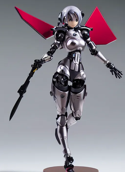 Image similar to toy design,Girl in mecha cyber Armor, portrait of the action figure of a girl, with bare legs， holding a scythe weapon， anime figma figure, studio photo, flight squadron insignia, realistic military gear, 70mm lens,