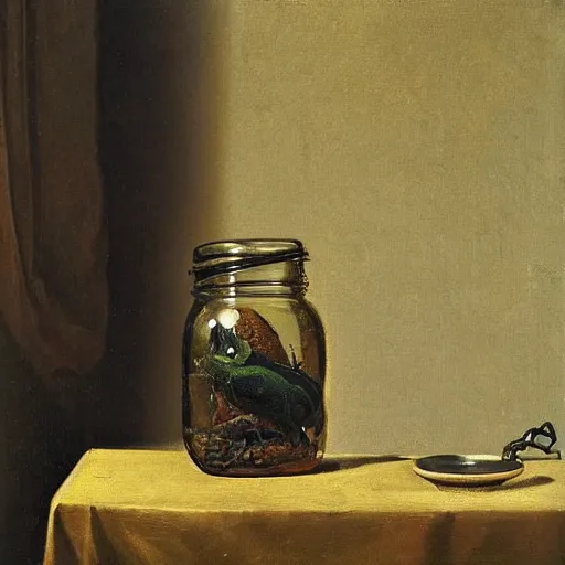 Prompt: oil painting, still life with gekko in the glass ink jar, by carl moll, by van schriek, masterpiece, museum, gallery, hd, highly detailed, realistic, artstation, digital art, clear colours,