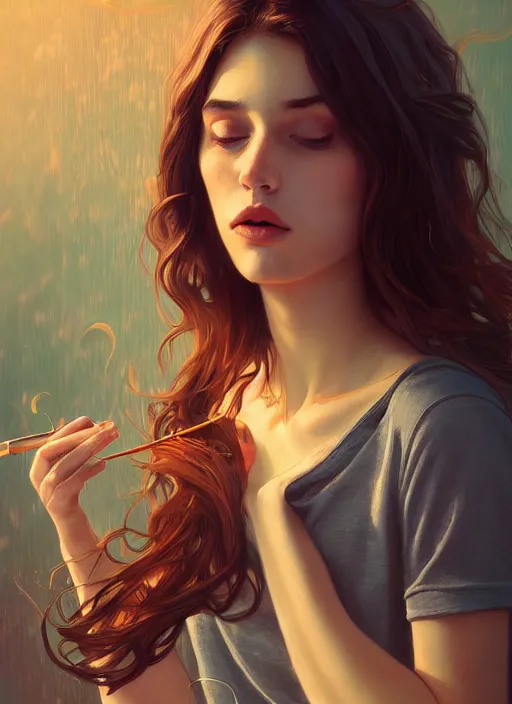 Image similar to handsome young women with shoulder length brown hair, smoking weed, smoke, half body shot, path traced, highly detailed, high quality, digital painting, alena aenami, lilia alvarado, shinji aramaki, karol bak, alphonse mucha, tom bagshaw