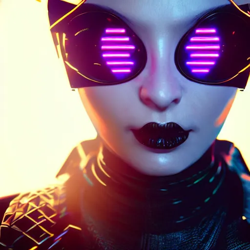 Image similar to evil cyberpunk inspired avant-garde art, deco fashion, highly detailed, photorealistic portrait, bright studio setting, studio lighting, crisp quality and light reflections, unreal engine 5 quality render