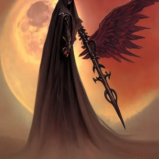 Prompt: the grim reaper as a gorgeous young girl, dark fantasy, intricate, very huge elaborate scythe, very huge black angel wings, elegant, glowave blood moon, full moon, highly detailed, digital painting, artstation, concept art, wallpaper, smooth, sharp focus, illustration, art by artgerm and greg rutkowski and alphonse mucha