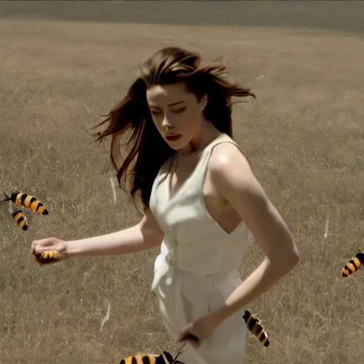 Image similar to ' amber heard'stepping on a bee, cinematic scene, clean composition, 8 mm