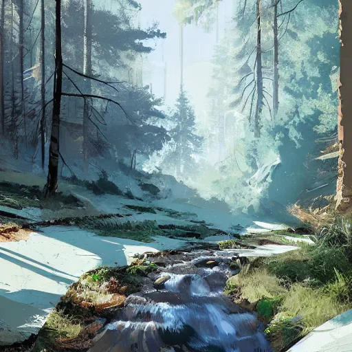 Prompt: mountain valley dotted with pine trees with a stream flowing through it, by ismail inceoglu, detailed digital painting, concept art, brushstrokes, elegant, calming, serene, 8 k