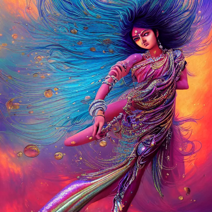 Image similar to ultra detailed illustration of a angry indian anime girl, skin covered in a sea of iridescent liquid, chrome metal material, lost in a dreamy oriental realm by Karol Bak, Moebius, hiroshi yoshida, Druillet, xsullo, colorful, front view, vivid colors, 8k, coherent, anime vibes, uplifting, magical composition, artstation, synthwave, 8k, coherent, artgerm, uplifting, unreal engine, magical composition, artstation