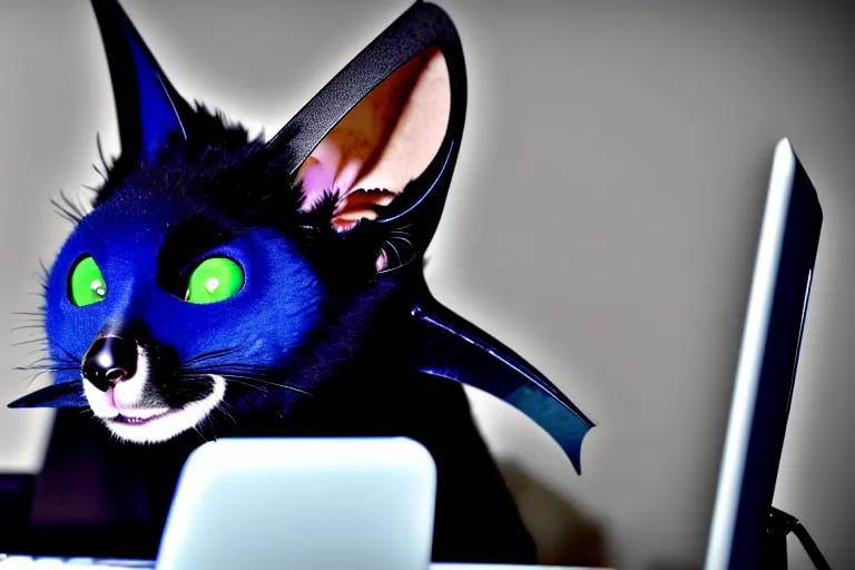 Prompt: a blue - and - black male catbat fursona with blue / green heterochromatic eyes and huge bat ears, photo of the catbat on his computer