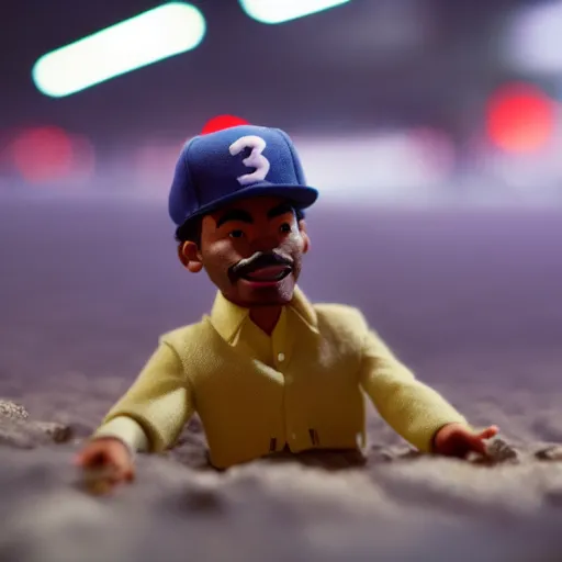 Image similar to a cinematic film still of a claymation stop motion film starring chance the rapper as a college student, shallow depth of field, 8 0 mm, f 1. 8