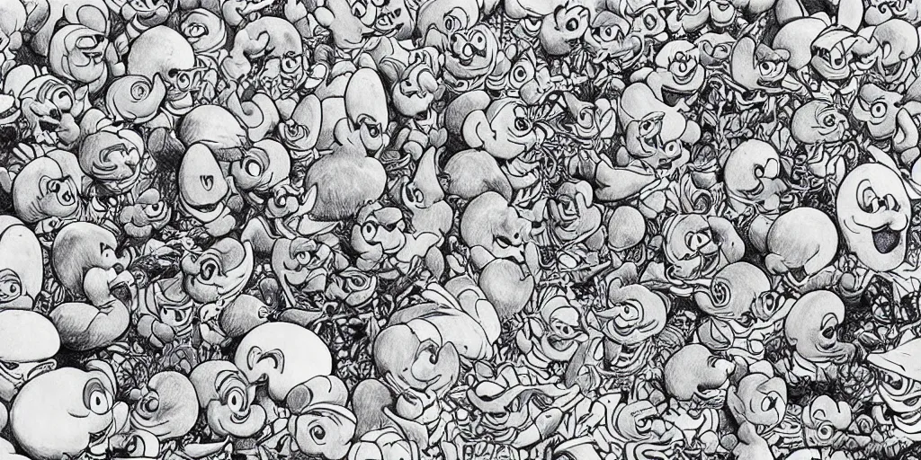 Image similar to an ultra - detailed pen drawing full of smurfs and color eggs.