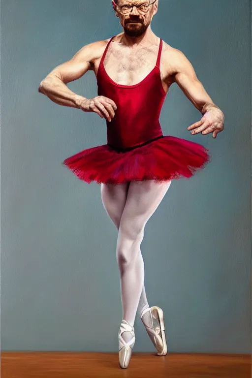 Prompt: beautiful oil painting of walter white in a ballerina outift