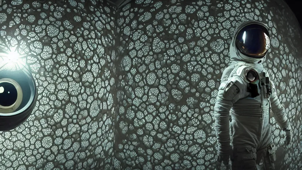 Image similar to a astronaut eva suit covered in diamond 3d fractal lace iridescent bubble 3d skin and covered with insectoid compound eye camera lenses floats through the living room, film still from the movie directed by Denis Villeneuve with art direction by Salvador Dalí, wide lens,