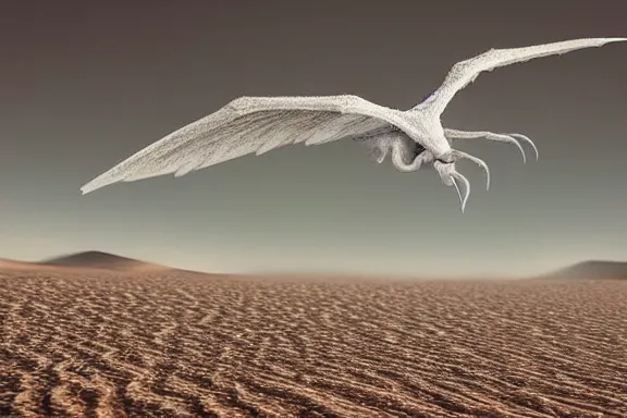 Image similar to “ very very intricate photorealistic photo of a white eldritch horror flying over the desert, detailed natural lighting, award - winning crisp details ”