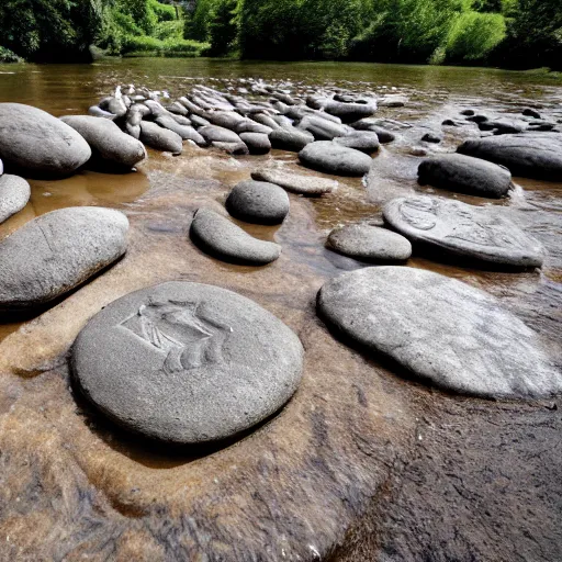 Image similar to detailed footage of european hunger stones in a river, photographic journalism, realistic, european river, carvings of drought and famine