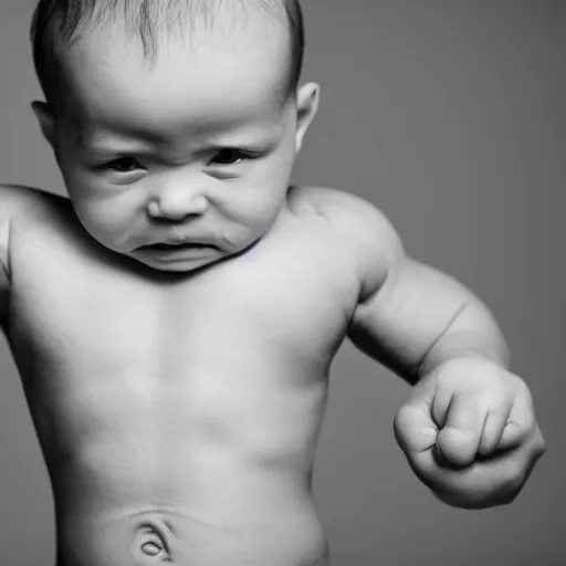 Prompt: a baby with absurdly big muscles flexing, steroid user, intense expression, epic, high detail, high contrast