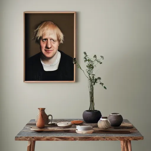 Image similar to beautiful studio photograph of a ceramics display with a portrait of boris johnson painted by hans holbein painted onto a tall angular stoneware vase with handles placed on a tablecloth on a wooden table, hyperrealism 8 k trending on artstation