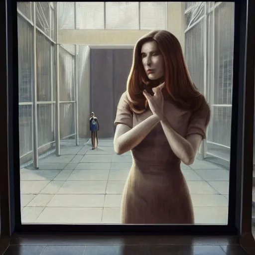 Image similar to detailed face of an intelligent clothed woman with kind eyes in a architectonic courtyard with transparent displays at a science expo, atmospheric, ambient, pj crook, syd mead, livia prima, artgerm, greg rutkowski, nick alm, casey baugh