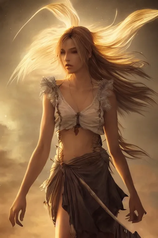 Prompt: seductive looking final fantasy x, windy hair!!, screaming, surreal dark fantasy, cinematic volumetric lights, full body portrait, dnd, intricate, elegant, highly detailed, digital painting, artstation, concept art, smooth, sharp focus, illustration, art by artgerm and tom bagshaw and greg rutkowski and alphonse mucha