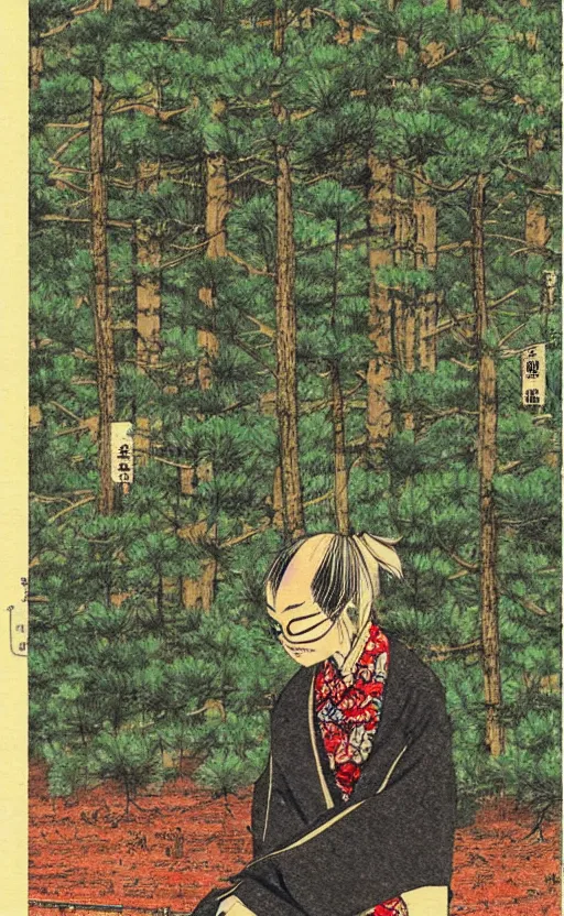 Image similar to by akio watanabe, manga art, dirt and japanese pines, trading card front, kimono, realistic anatomy, sun in the background