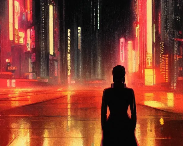 Image similar to a woman standing in front of a city at rainy night, cyberpunk bladerunner 1 9 8 2 art by ilya kuvshinov, cgsociety, retrofuturism, ilya kuvshinov, artstation hd, artstation hq