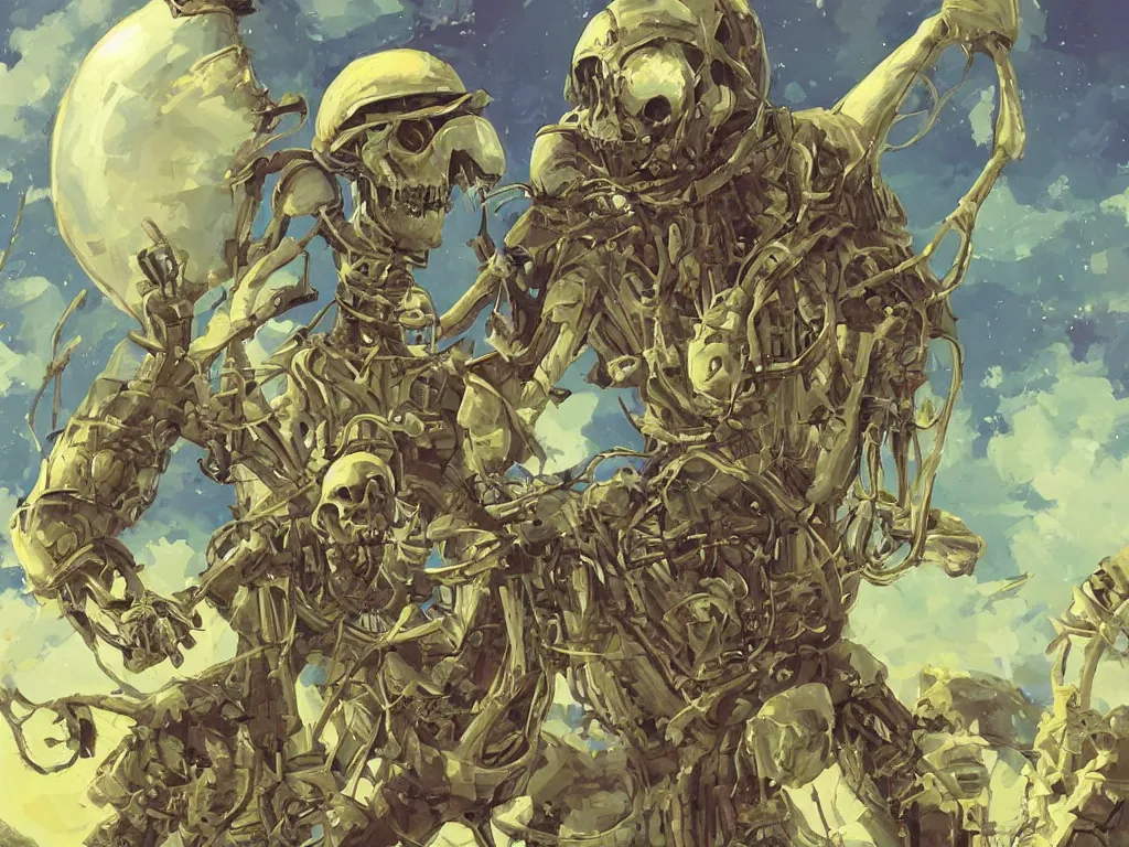 Prompt: a skeleton astronaut!!!!!!!!! with his helmet off by kren cushart and ralph mc quarrie on a colorful alien wheat world with lime!!!! trees