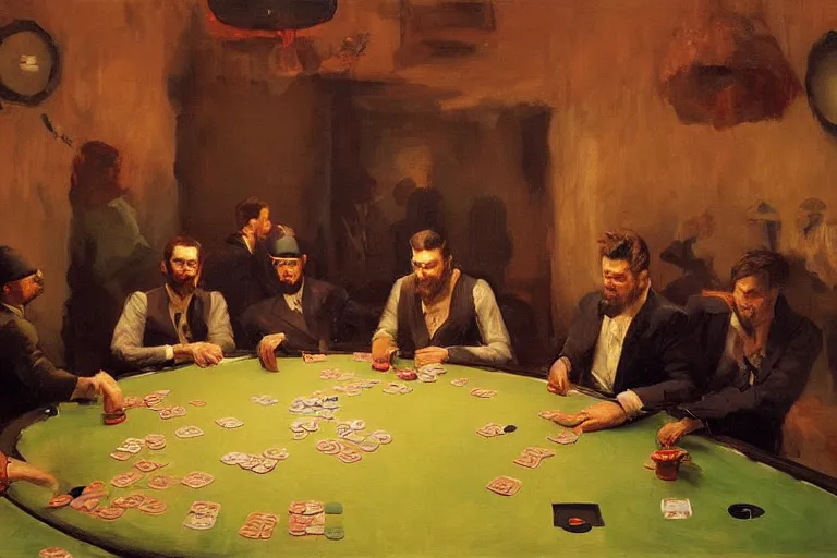 Image similar to ninjas playing poker, inside a tiny green room with red lights by joaquin sorolla, greg rutkowski, bill sienckiwicz, extremely detailed