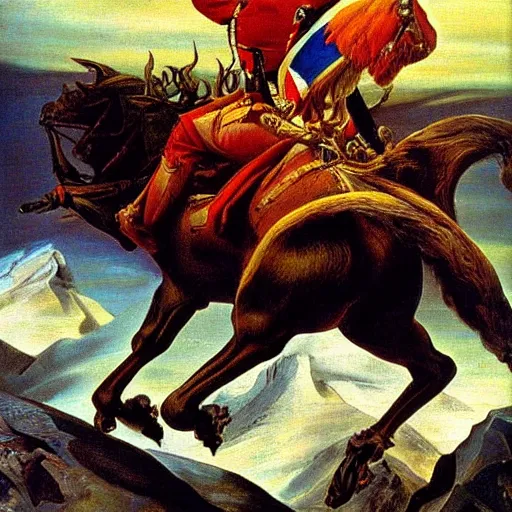 Image similar to Napoleon Crossing the Alps on a Harley Davidson , Salvador Dali style , oil painting