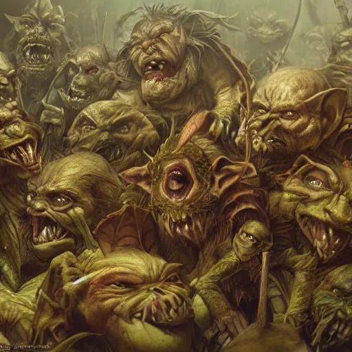 Image similar to a horde of goblins, dark atmosphere, humorous, grotesque, muted color, detailed, octane render, golden ratio, by brian froud, by jean - baptiste monge