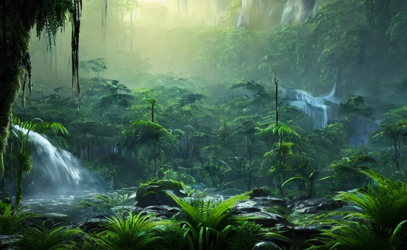 Image similar to a beautiful render of a dark prehistoric rainforest, lush flora, patches of sky, sunset, mountains and a waterfall in the background, intricate detail, hazy, humid, volumetric lighting, 8 k, photorealistic, raytracing effects, unreal engine 5