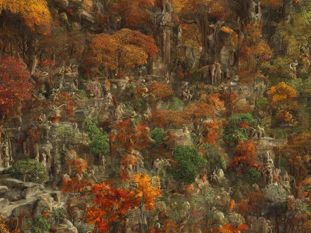 Image similar to autumn cannibalism in ancient city art by ernst haeckel, fractal, hypermaximalism unreal render engine 8 k