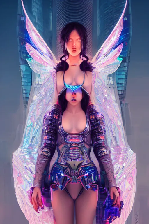 Image similar to portrait futuristic goddess angel Girl with wings and armor, in future cyberpunk tokyo rooftop , ssci-fi, fantasy, intricate, very very beautiful, elegant, human anatomy, neon light, highly detailed, digital painting, artstation, concept art, smooth, sharp focus, illustration, art by tian zi and WLOP and alphonse mucha
