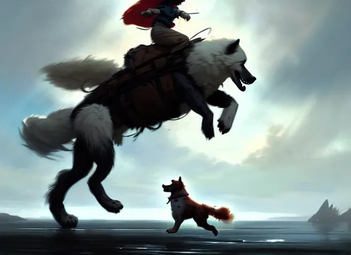 Image similar to comic book cover. heroic giant samoyed dog being ridden by a small young girl by greg rutkowski, trending on artstation