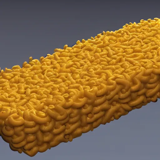 Image similar to a 3 d render of a person made of macaroni and cheese