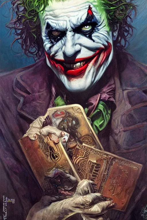 Image similar to the joker. art by gaston bussiere and tomacz alen kopera.